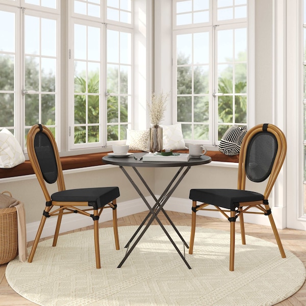 Flash Furniture Marseille Thonet French Bistro Stacking Chair, Black Textilene and Bamboo Print Aluminum Frame, 2PK 2-SDA-AD642002S-TXT-BK-NAT-GG - main